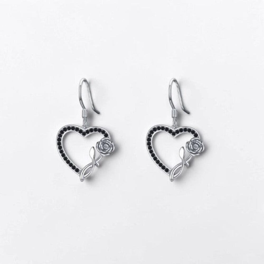 Heart Black Spinel Flower Drop Earrings